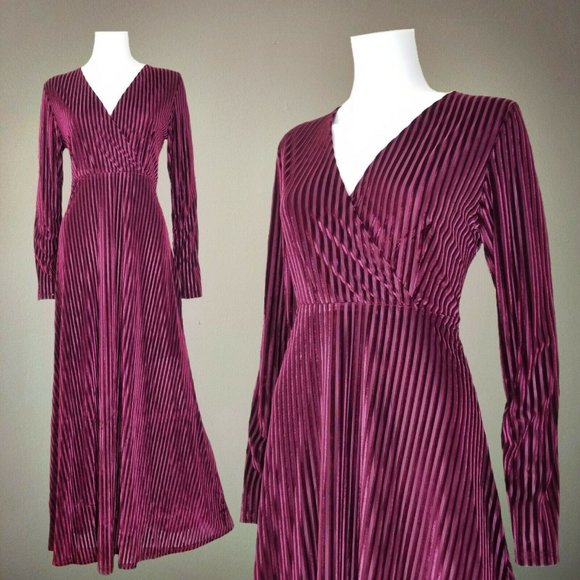Velvet Burnout Striped Dress Plus Size Burgundy Empire Waist Maxi Cocktail Dress - Picture 1 of 12